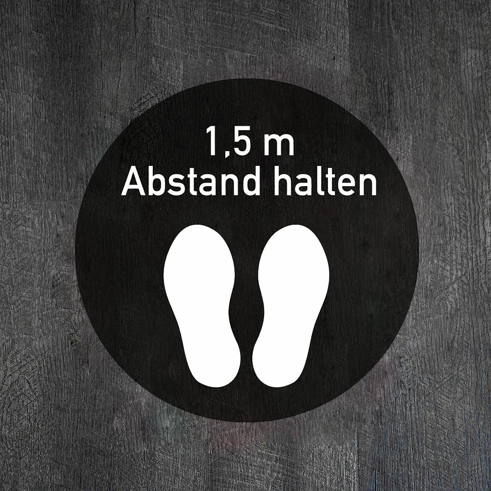 Weißer Fußbodenaufkleber mit 1,5 m Abstand halten, 300x300 mm, für soziale Distanz auf glattem Boden.