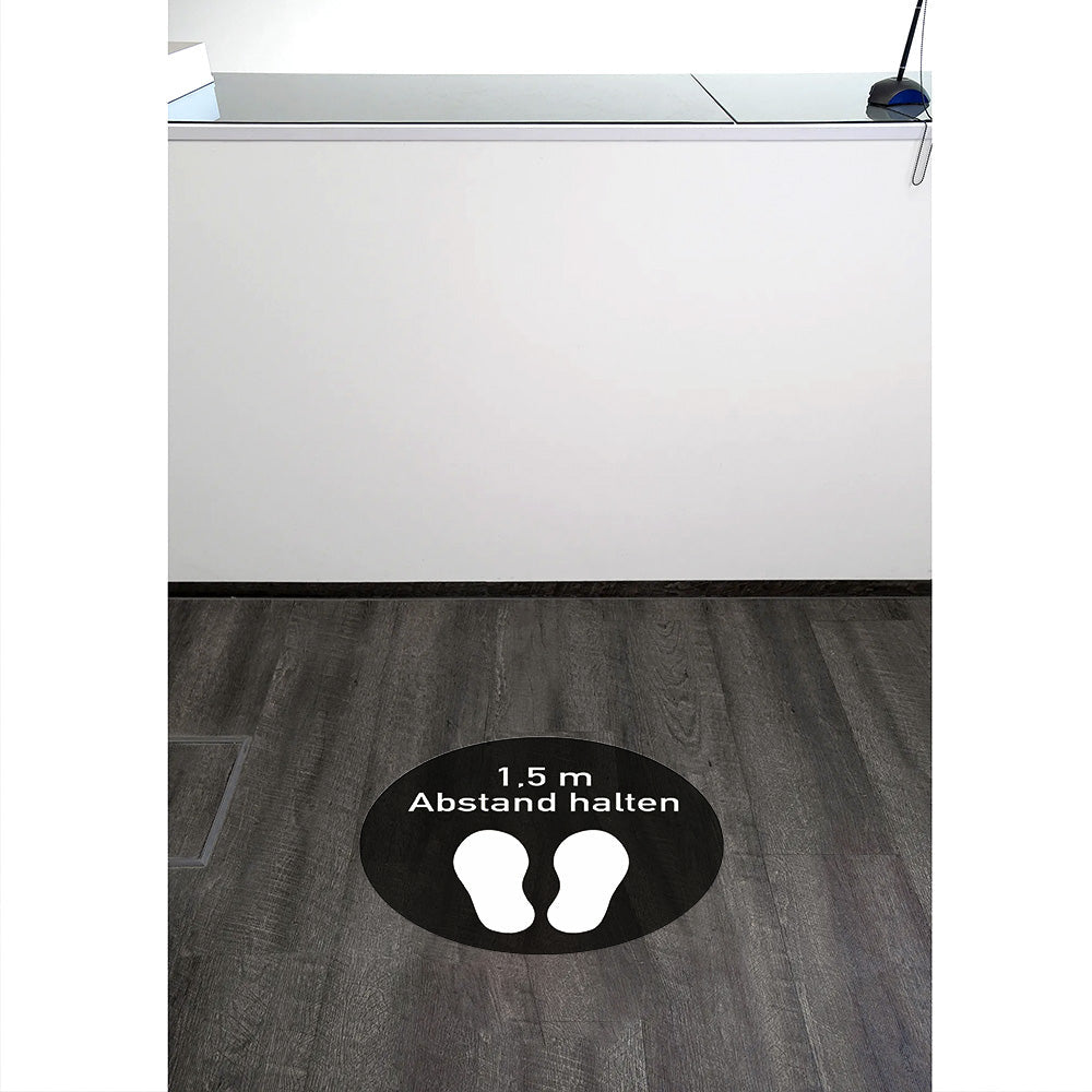 Weißer Fußbodenaufkleber mit 1,5 m Abstand halten, 300x300 mm, für soziale Distanz auf dem Boden, von aufkleberdrucker.de