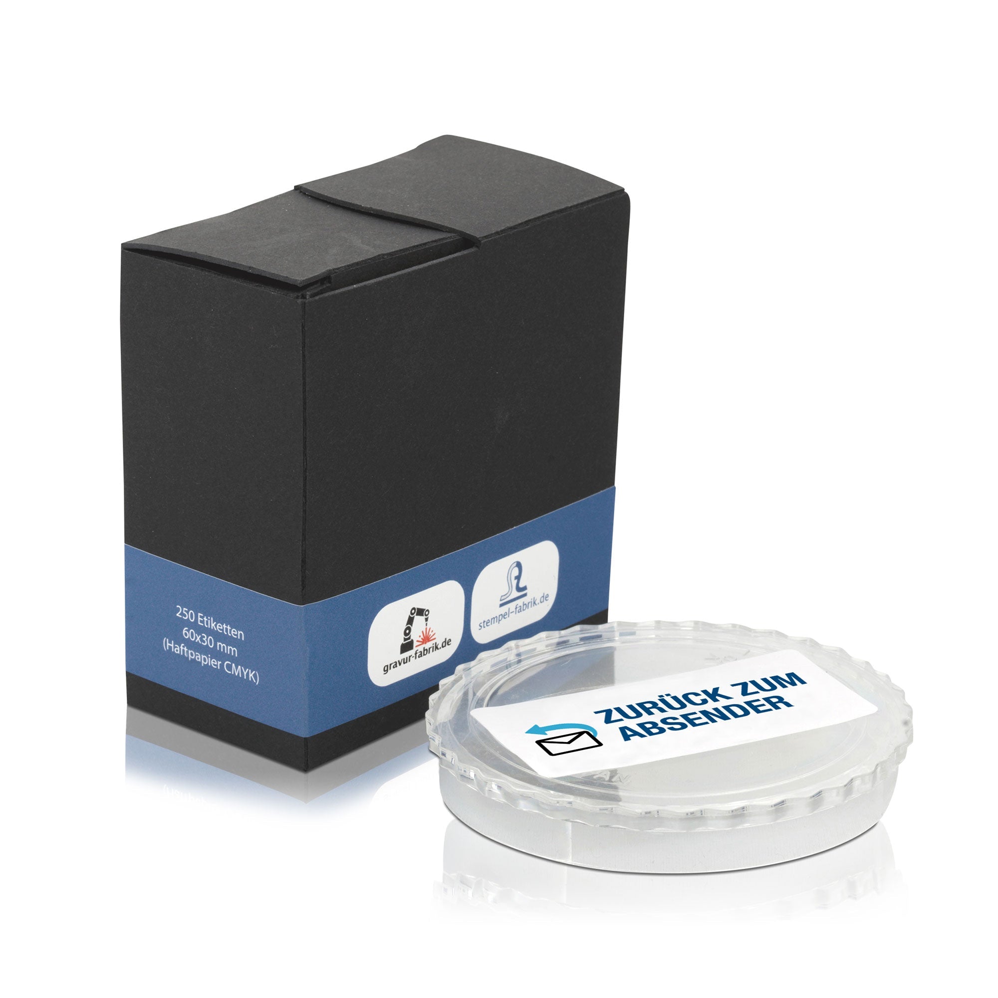 Aufkleber mit Piktogramm "Zurück zum Absender" auf 60x30 mm Rolle, 250 Stück, klarer Versandetikett-Aufkleber