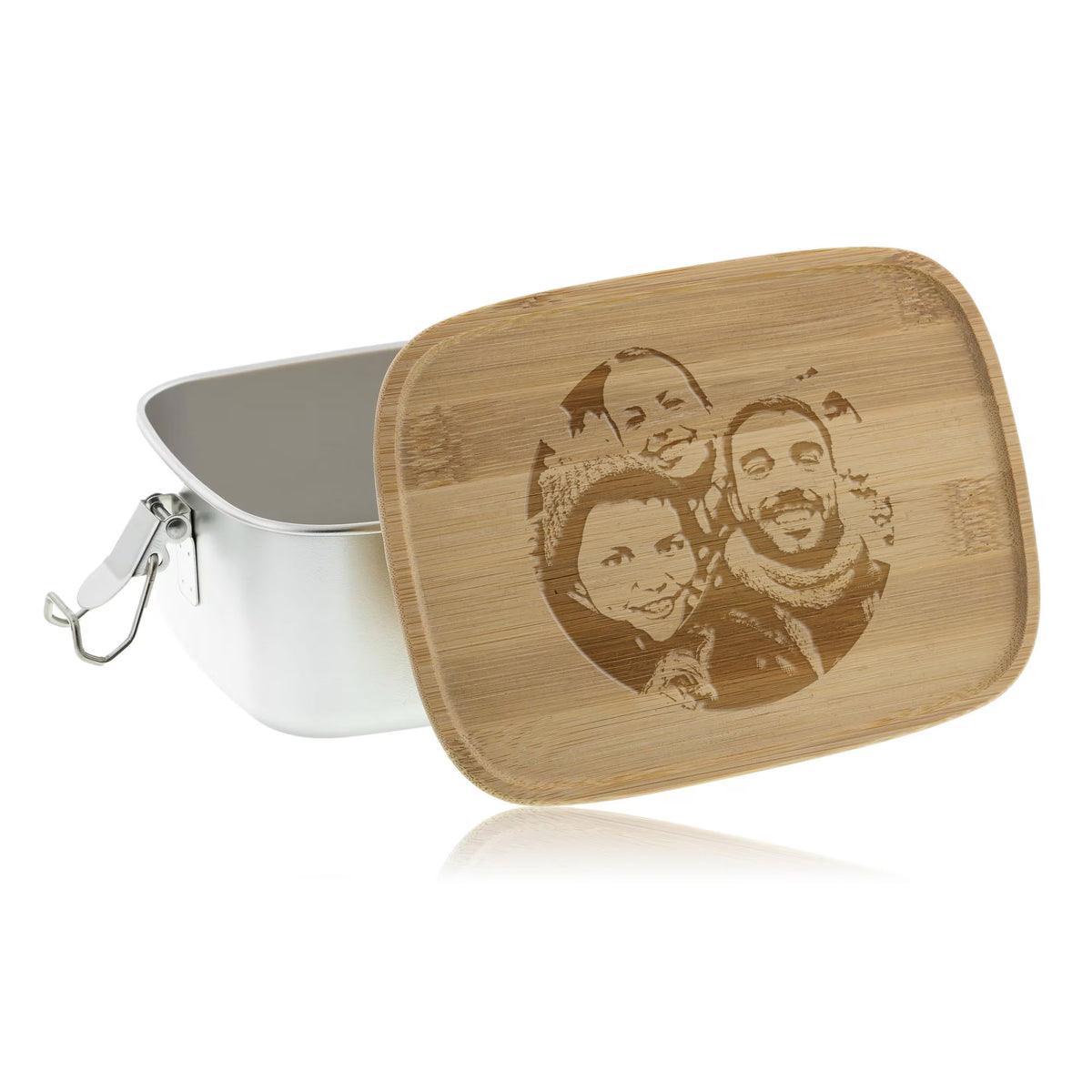 Edelstahl-Brotdose mit Bambusdeckel und Verschluss, inklusive Gravur, ideal für Lunchboxen für Kinder.