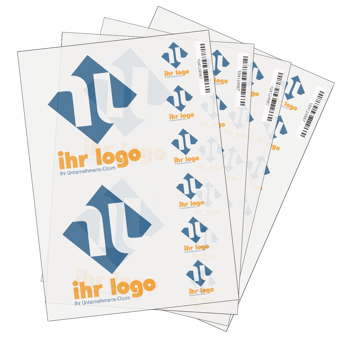 Gemischte Logo-Bügeletiketten in 30x30 mm und 100x100 mm, aufkleberdrucker.de, zum Aufbügeln auf Textilien.