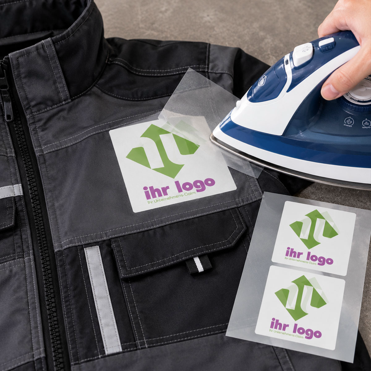 Individuell gestaltete Logo-Bügel-etiketten 100×100 mm auf einem Bügel mit sichtbarem Logo und Design für Textilien.