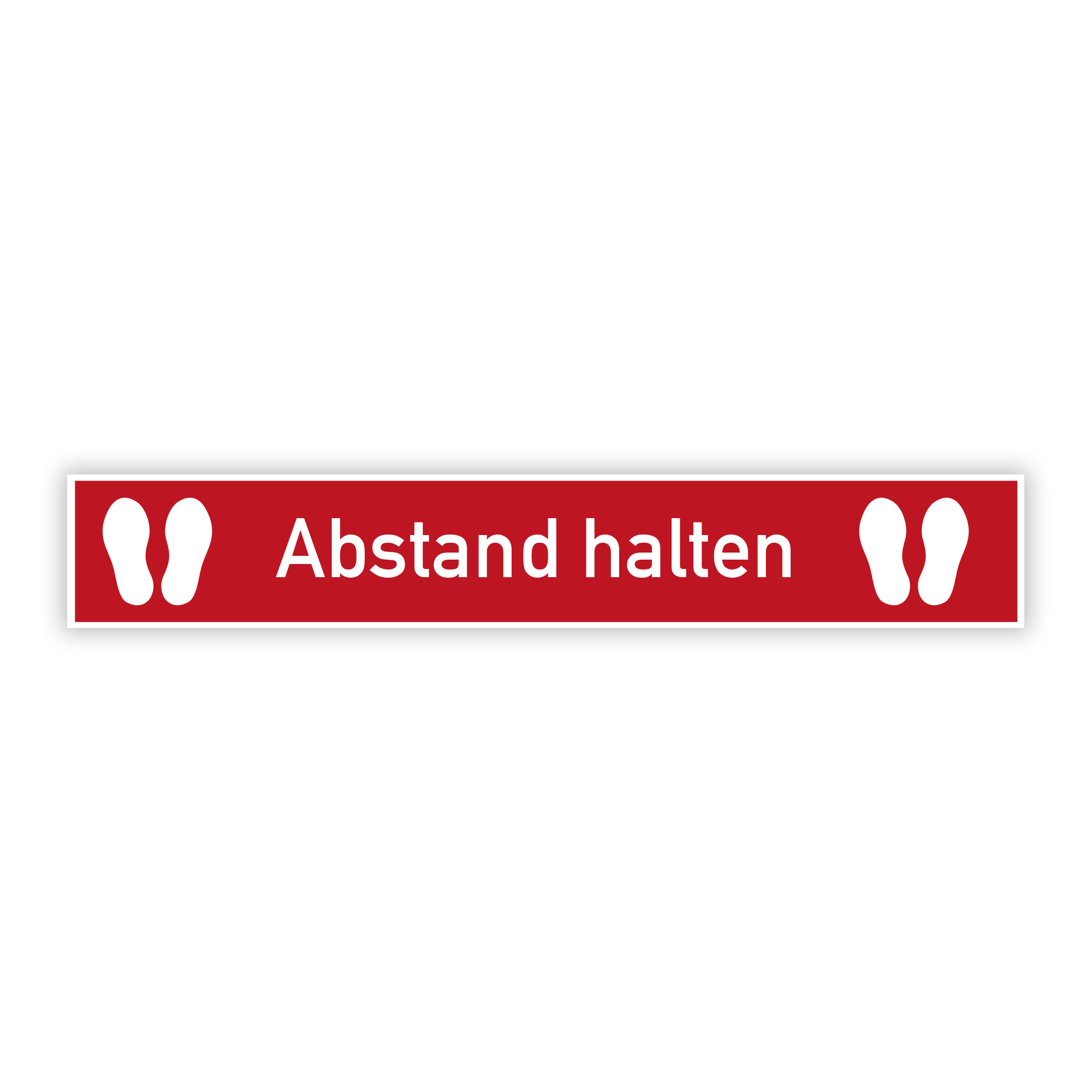Roter Fußbodenaufkleber 1000x150 mm mit Abstand halten Aufschrift, für soziale Distanz auf dem Boden sichtbar