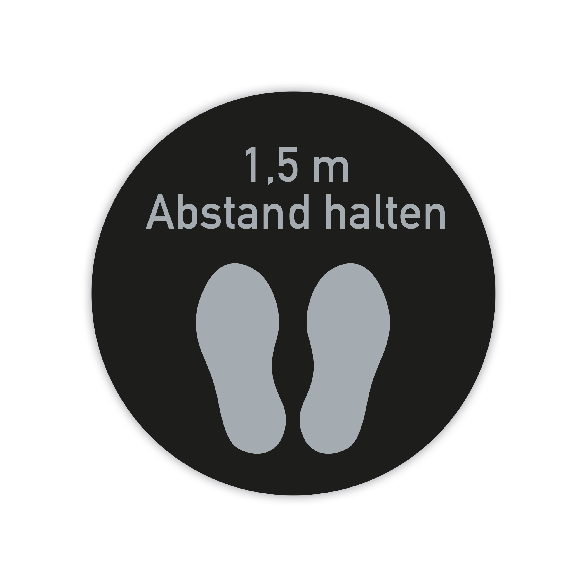 Grauer Fußbodenaufkleber mit 1,5 m Abstand halten, 300x300 mm, für soziale Distanz auf dem Boden sichtbar