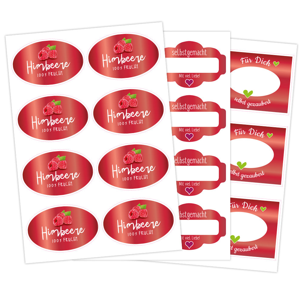 Himbeermarmelade Aufkleber im Set mit 3 Bögen, fruchtiges Design, geeignet für Lebensmittelverpackungen, aufkleberdrucker.de