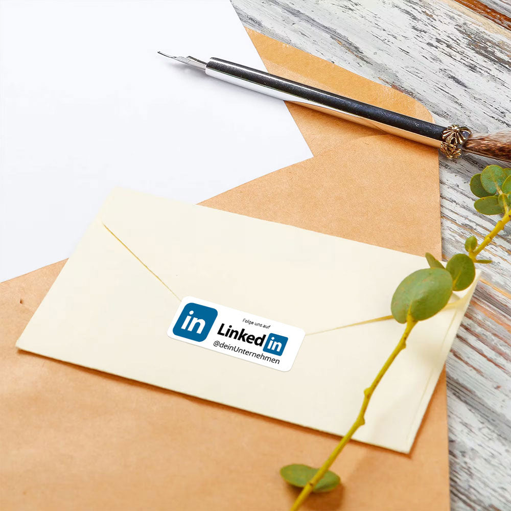 Individuelle LinkedIn Social-Media Aufkleber, Set mit 72 Stück aufkleberdrucker.de, 60x20 mm, auf transparentem Hintergrund.