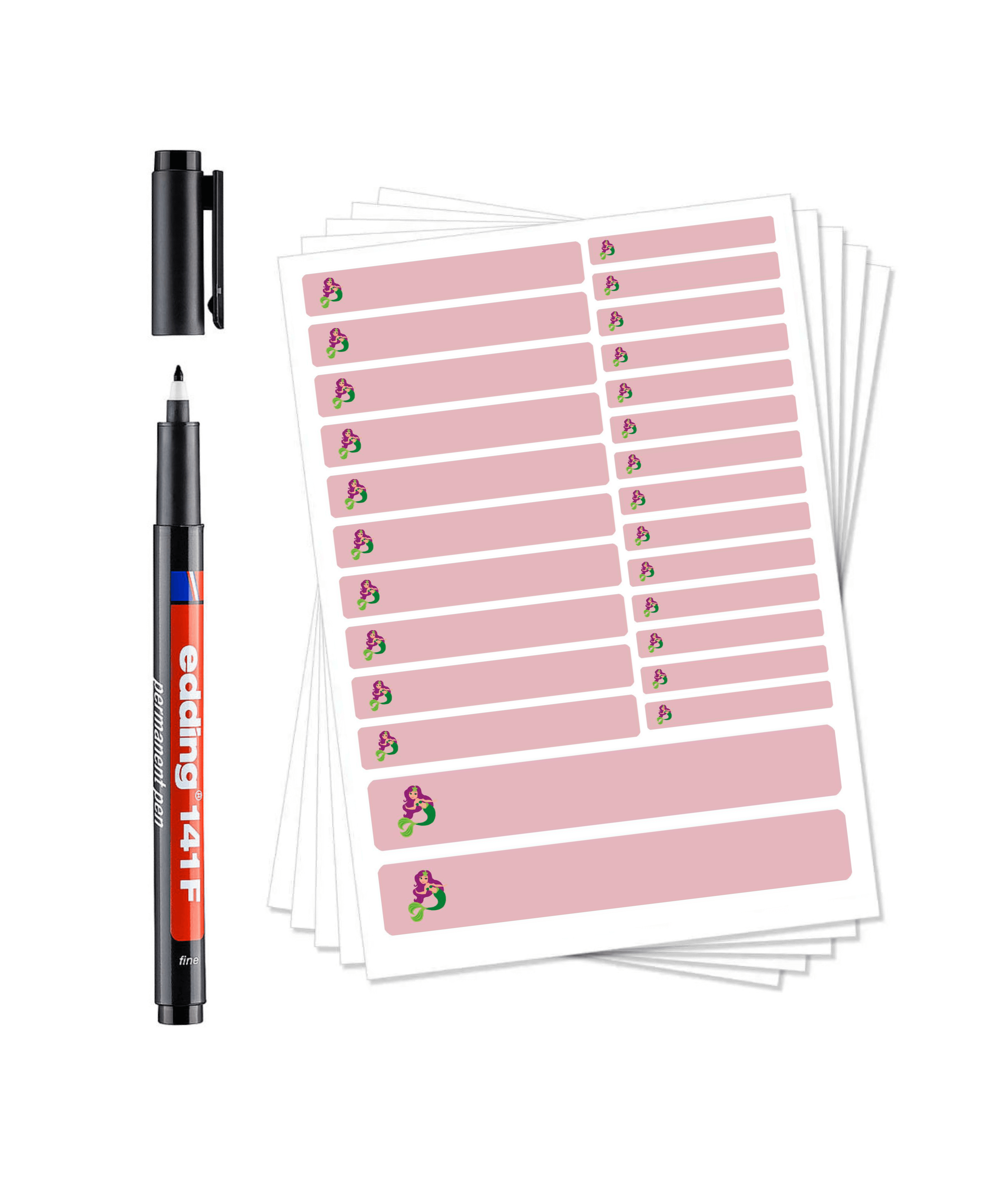 Meerjungfrau-rot DIY Namensaufkleber Set mit Laminat und Permanent Marker für selbstbeschriftete Kinder- oder Schulaufkleber