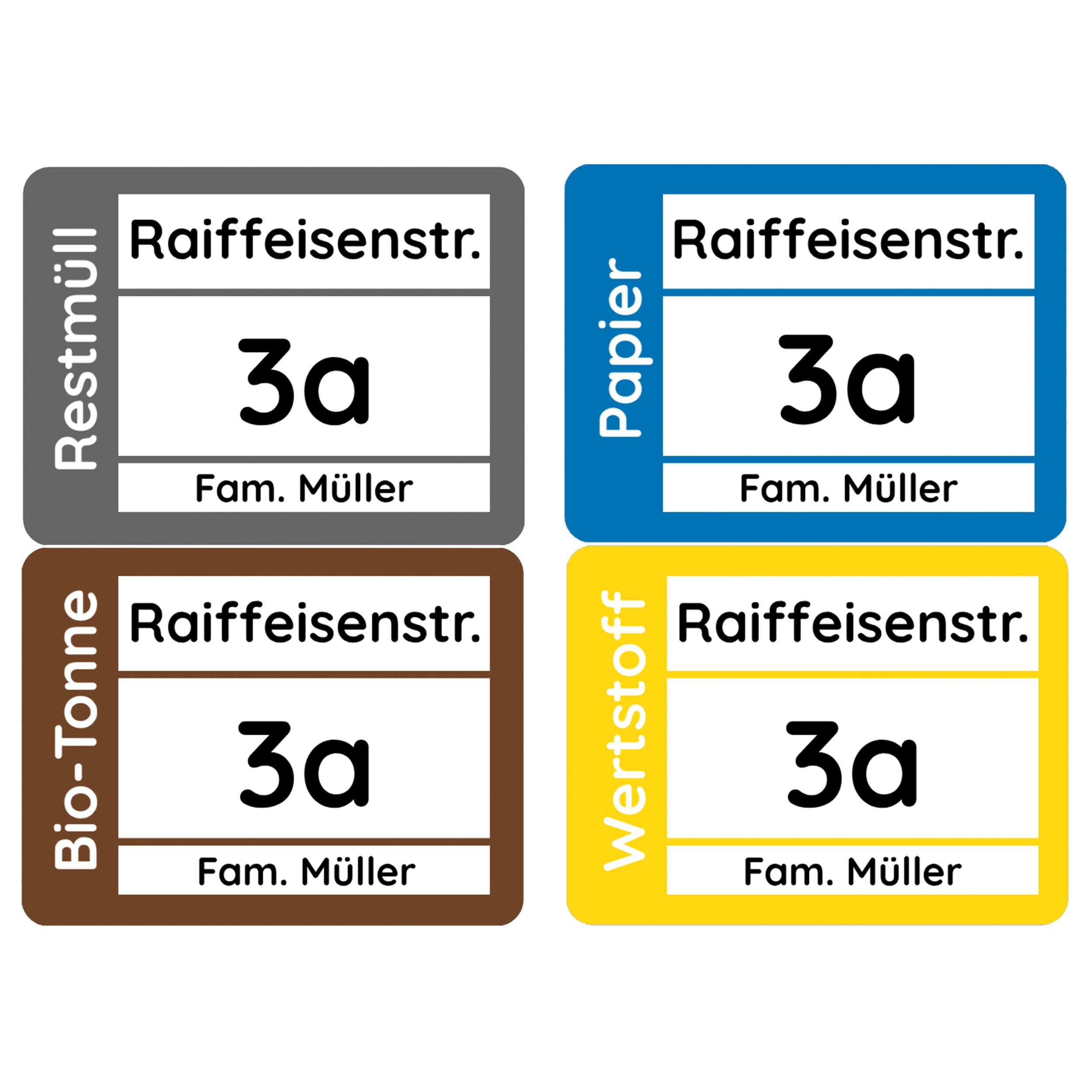 Vier wetterfeste Mülltonnenaufkleber in Größe 19x14 cm, individuell gestaltbar, für personalisierte Mülltonnen von aufkleberdrucker.de