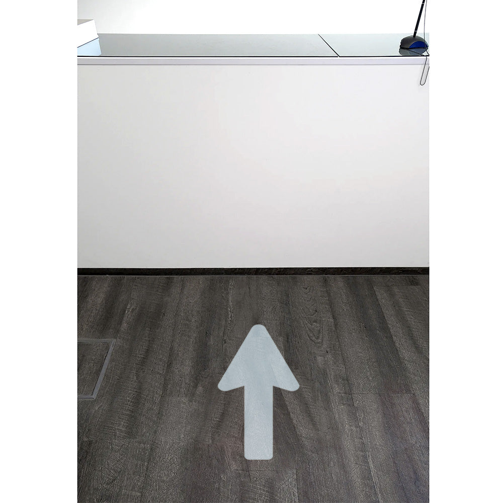 Zwei graue Fußbodenaufkleber mit Pfeil, 400x160 mm, für Wegweisung, aufkleberdrucker.de, auf glattem Boden sichtbar