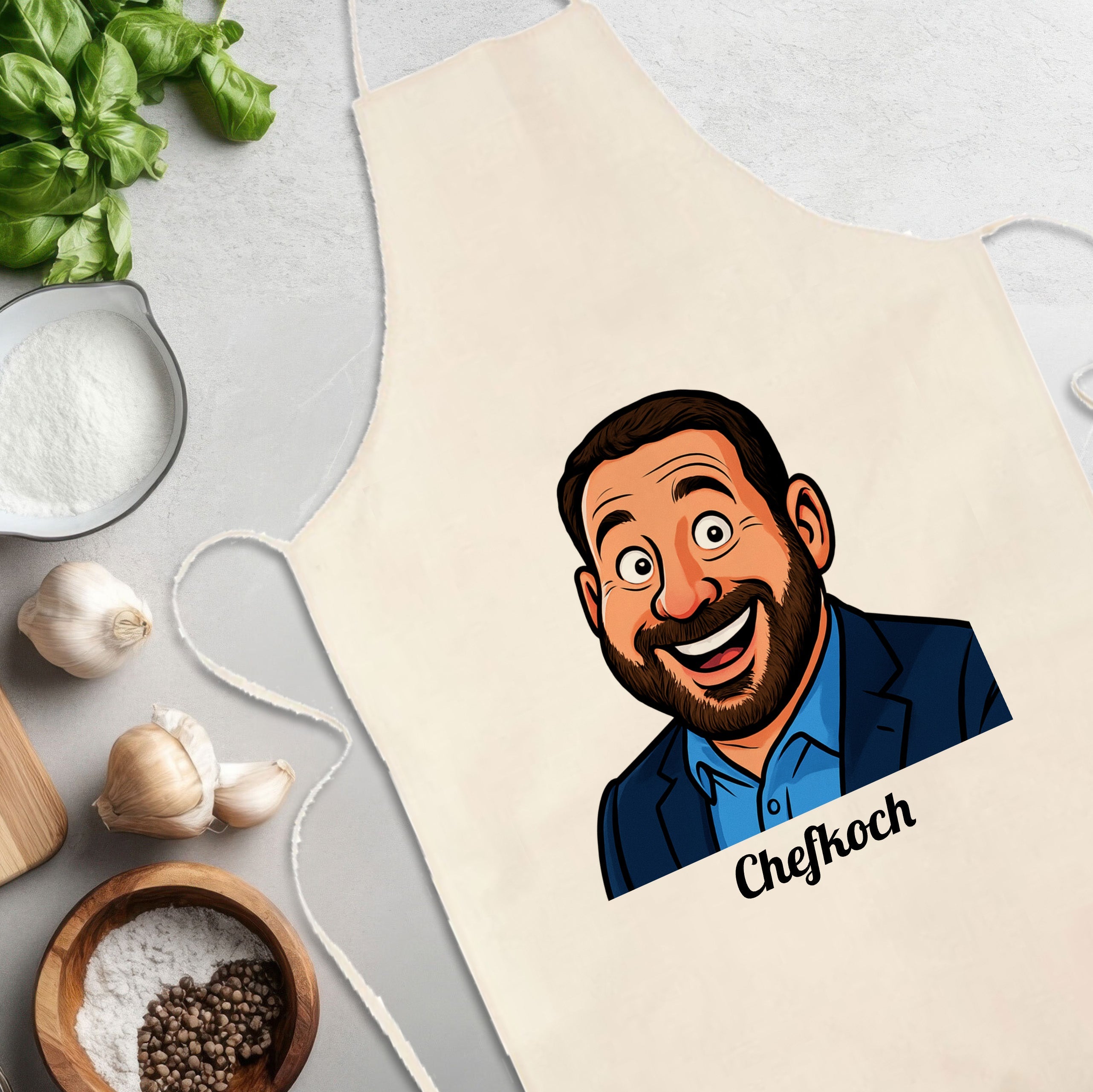 Bunte Kinder-Schürze mit lustiger Karikatur und Text, ideal für kleine Chefköche beim Kochen und Backen.