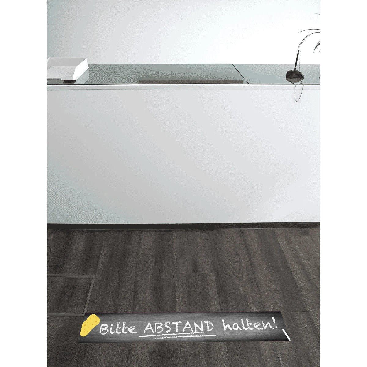 Fußbodenaufkleber Kreide mit Abstand halten, 1000x150 mm, aufkleberdrucker.de, abwischbar und gut sichtbar für Sicherheitsmarkierung