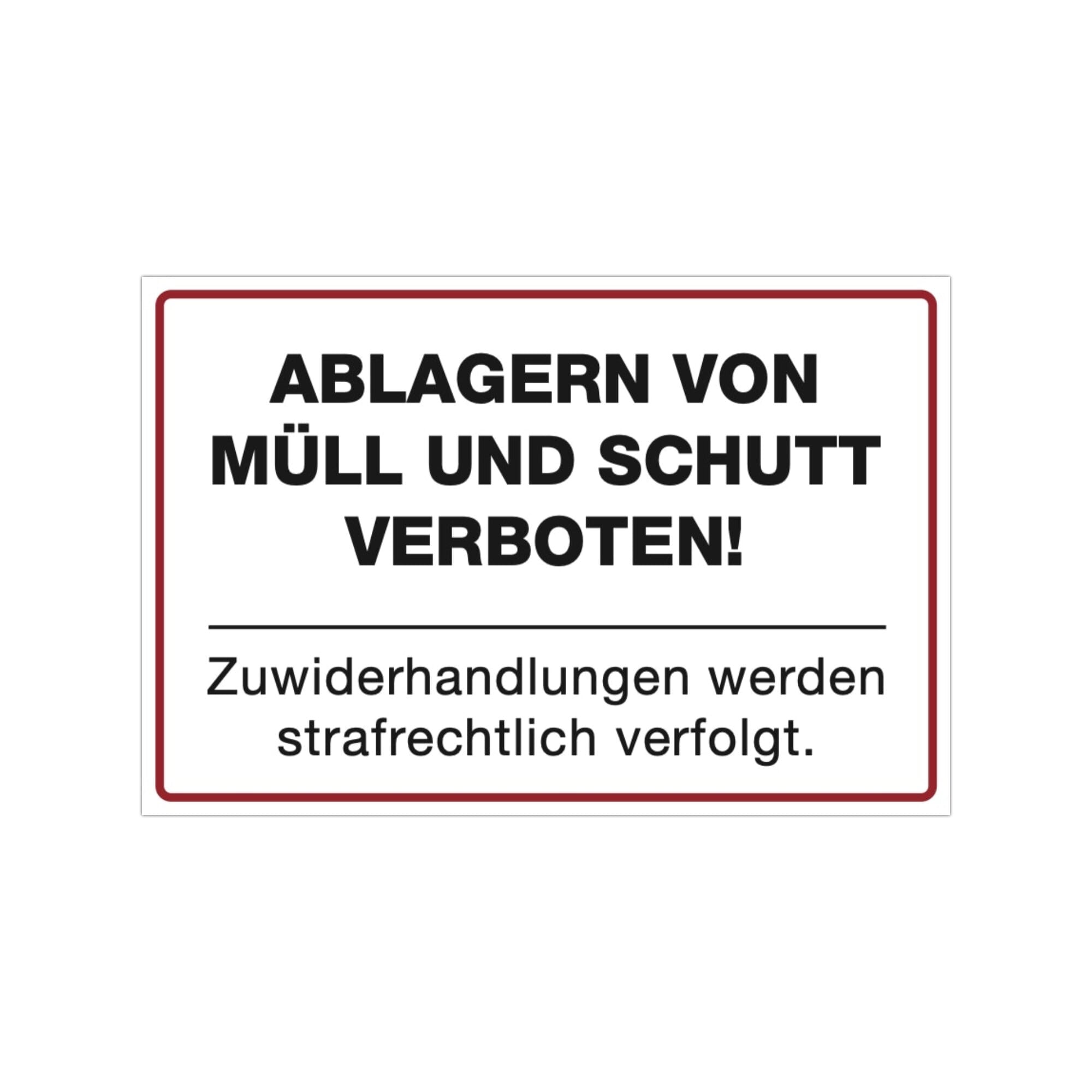 Drei weiße Aufkleber mit "Ablagern von Müll und Schutt verboten" in 300x200 mm, für umweltgerechte Abfallentsorgung.