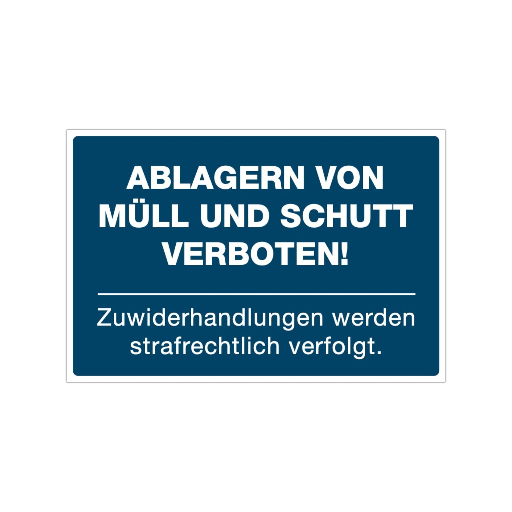 Drei signalblaue Aufkleber "Müll und Schutt Ablagern verboten" mit 300x200 mm, zeigt klare Warnhinweise auf weißem Hintergrund.