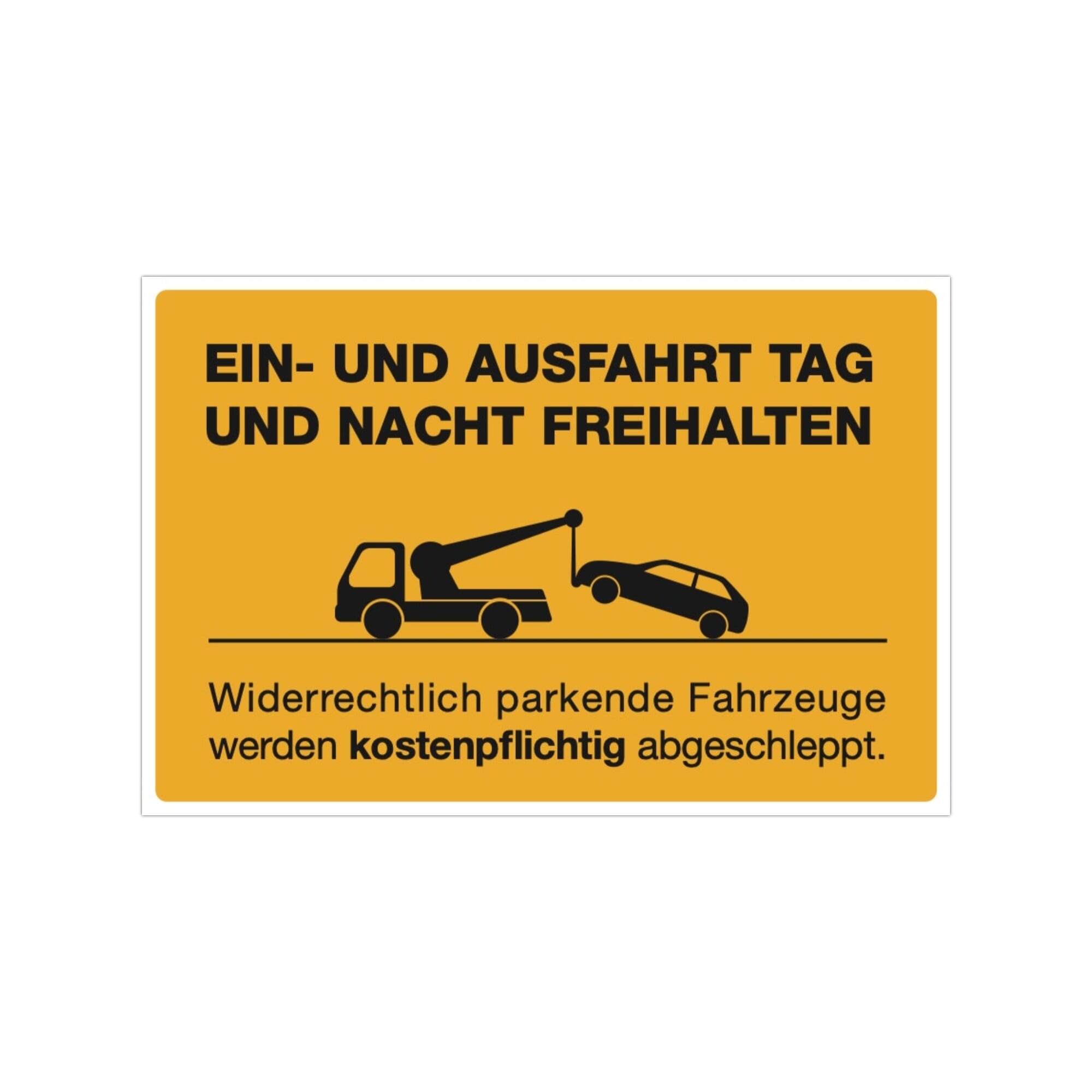 Drei signalgelbe Aufkleber mit Aufschrift "EIN- / AUSFAHRT TAG & NACHT FREIHALTEN!", 300x200 mm, von aufkleberdrucker.de