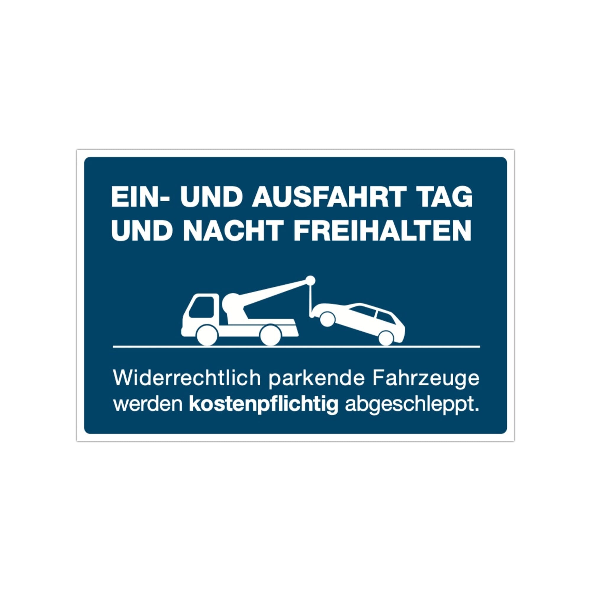 Drei signalblaue Aufkleber "EIN- / AUSFAHRT TAG & NACHT FREIHALTEN!" von aufkleberdrucker.de, 300x200 mm, auf einem Auto angebracht