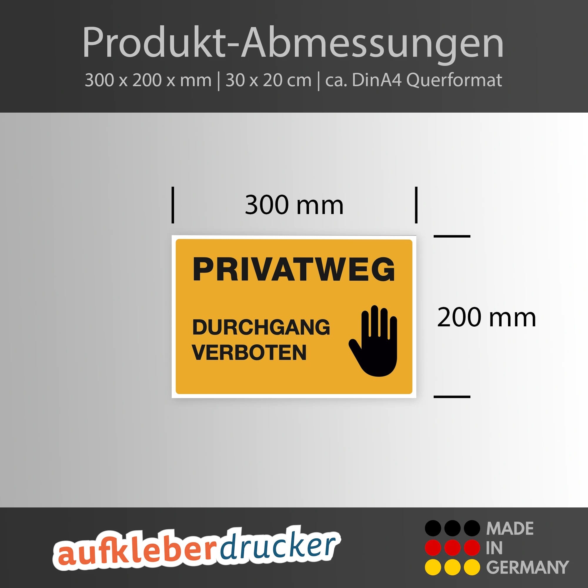 Drei signalgelbe Aufkleber PRIVATWEG – DURCHGANG VERBOTEN, 300x200 mm, mit schwarzer Schrift, auf glattem Hintergrund