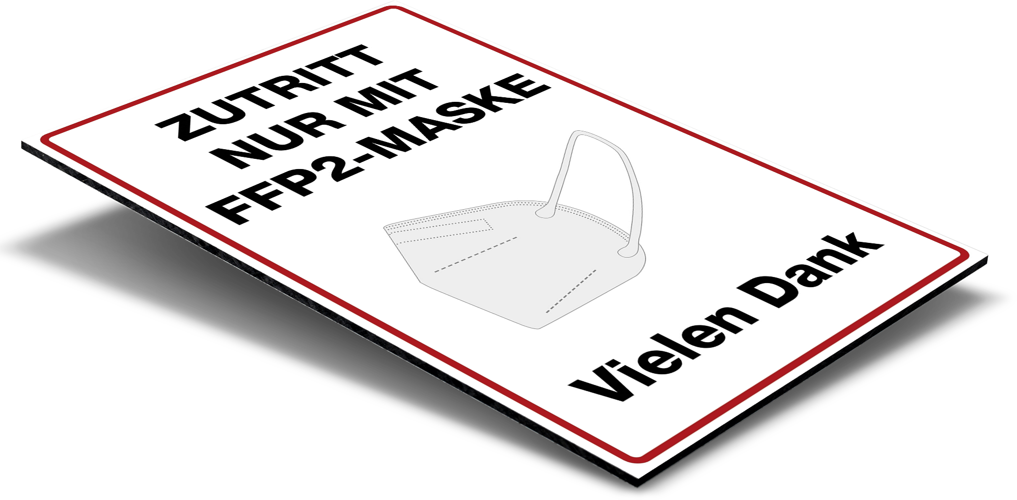 Weißes Alu-Verbundschild mit Zutrittsbeschränkung nur mit FFP2-Maske, Maße 200x300x4 mm, für Sicherheitskennzeichnung.