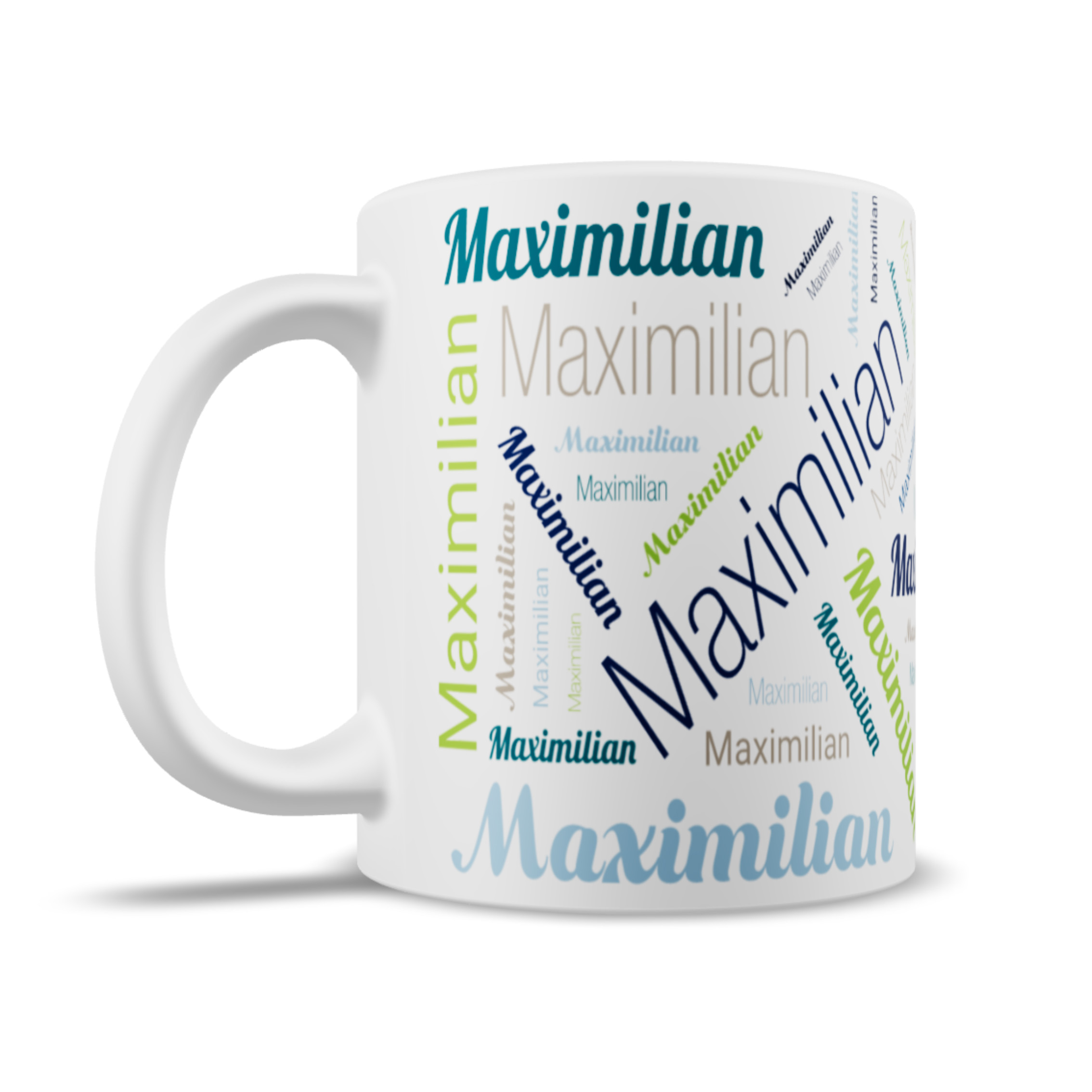 Keramiktasse mit individuell gestaltetem Namen, weiße Tasse mit farbigem Namensaufdruck, ideal für personalisierte Geschenke