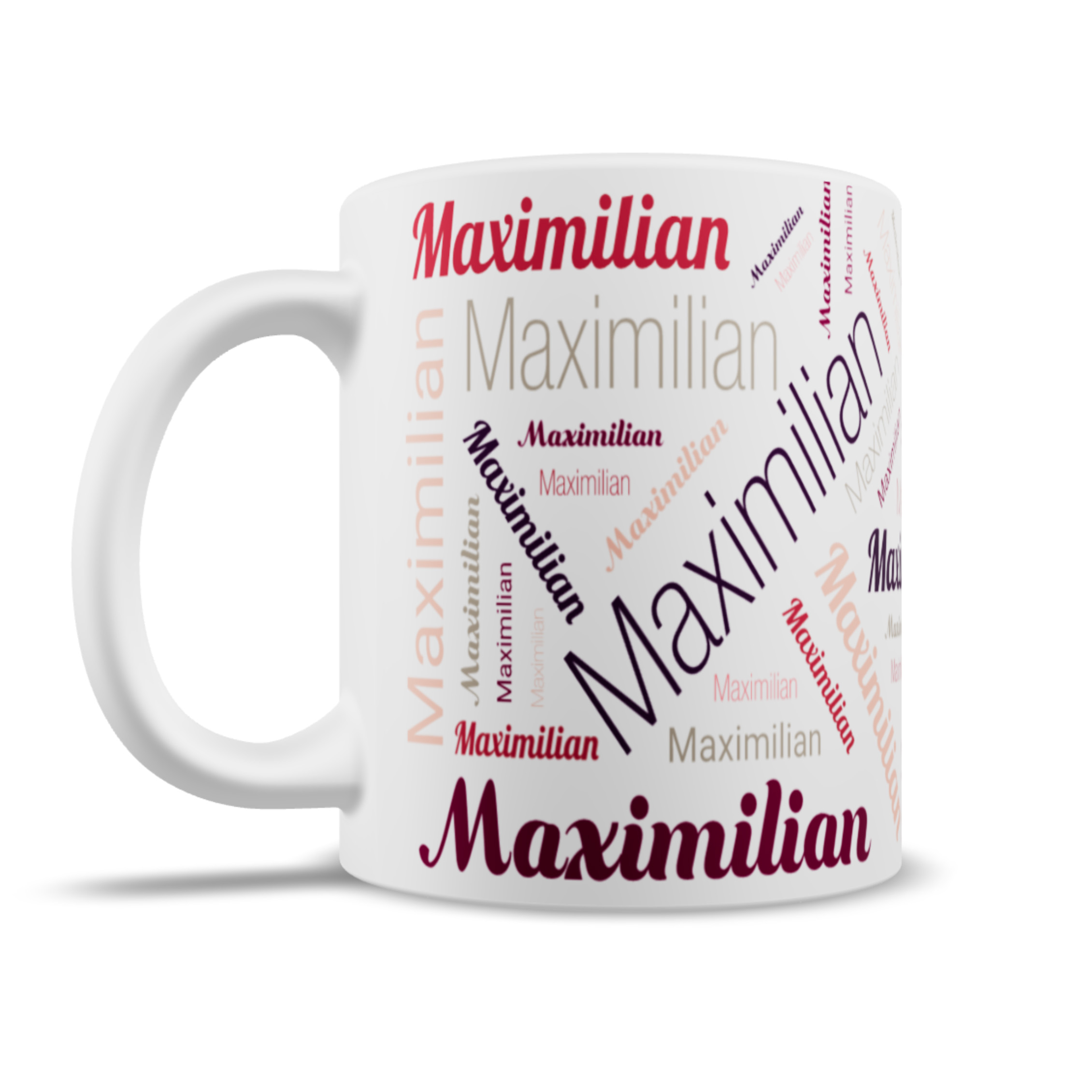 Keramiktasse mit personalisiertem Namen, rot bedruckt, von aufkleberdrucker.de, zeigt den individuell gestalteten Becher