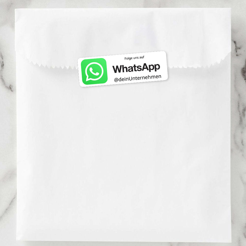 Zwei Bögen individuell gestaltete WhatsApp Social-Media Aufkleber, 72 Stück, 60x20 mm, mit WhatsApp-Logo in lebendigen Farben